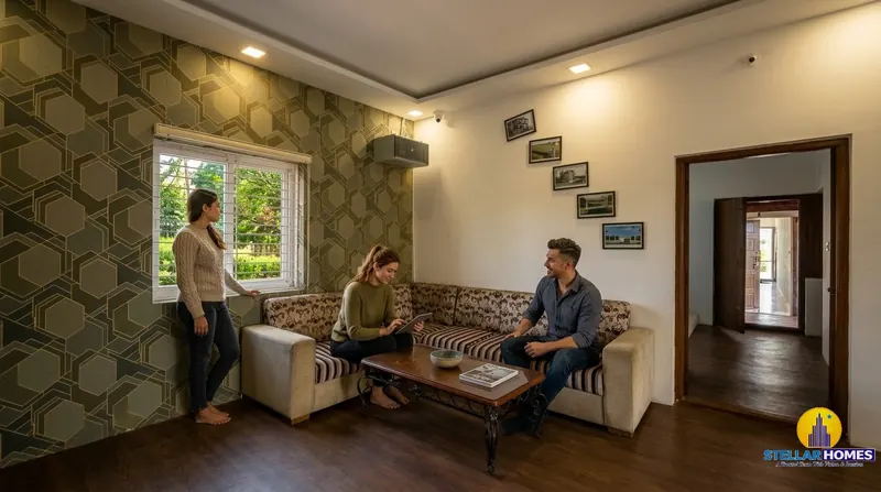 Residents relaxing inside the furnished Stellar Mulberry clubhouse lounge, with a family photo wall and comfortable seating overlooking the garden