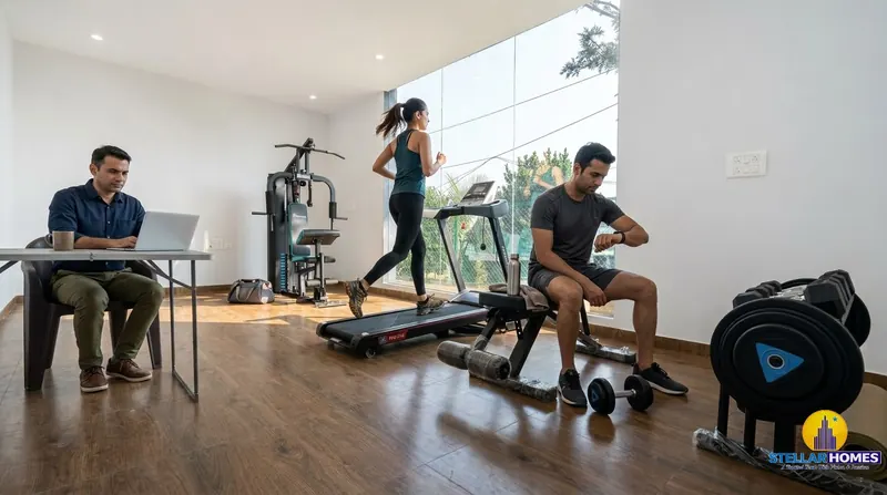 Residents working out in the Stellar Mulberry clubhouse gym, with a treadmill, multi-gym station and floor-to-ceiling windows overlooking greenery