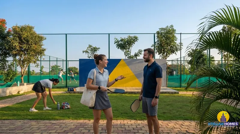 Residents playing pickleball on the fenced outdoor sports court at Stellar Mulberry, with tennis courts and palm-lined landscaping in the background