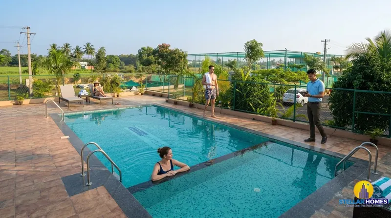 Residents relaxing in the Stellar Mulberry clubhouse swimming pool with the Stellar logo tiled into the pool floor, sun loungers and palm trees around the deck