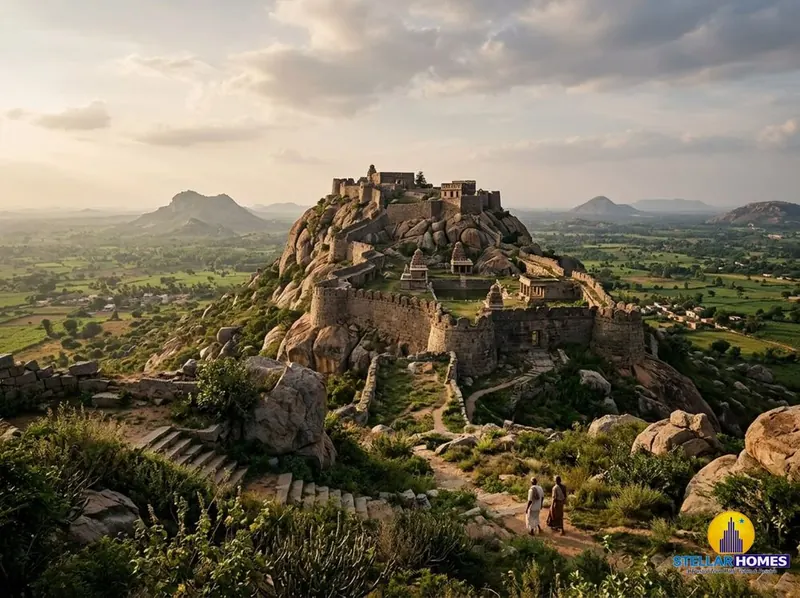 Gudibande Fort's stepped stone ramparts built atop a monolithic rocky hill