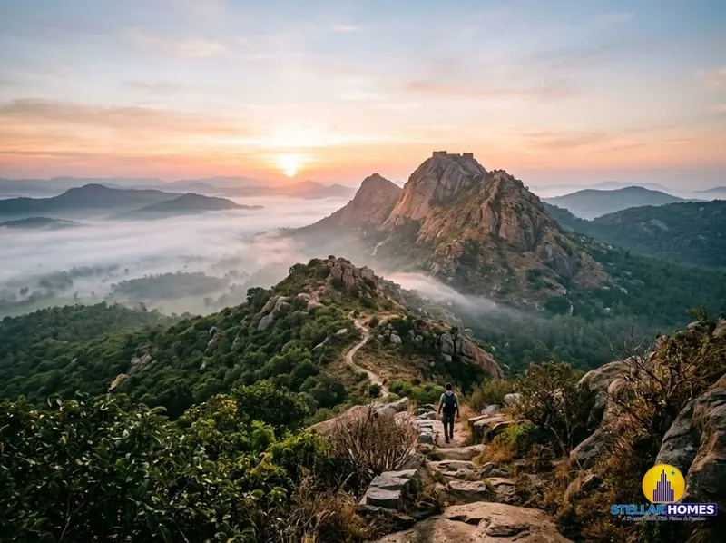 Rugged Skandagiri hilltop trail winding through boulders and greenery above a sea of morning clouds at sunrise