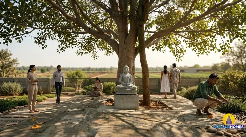 Wide view of residents gathered in the Stellar Mulberry meditation garden around a Bodhi tree and stone Buddha statue, with open farmland beyond the boundary fence