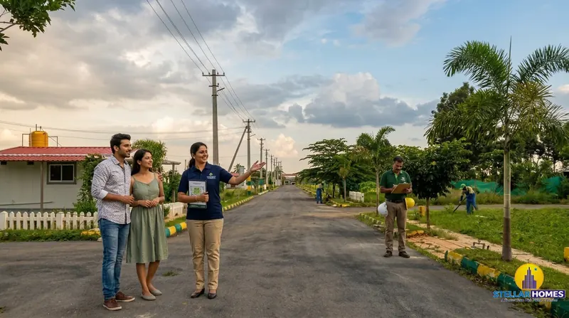 A Stellar Homes property advisor guiding prospective buyers along the internal road during a site visit, with the survey team in the background