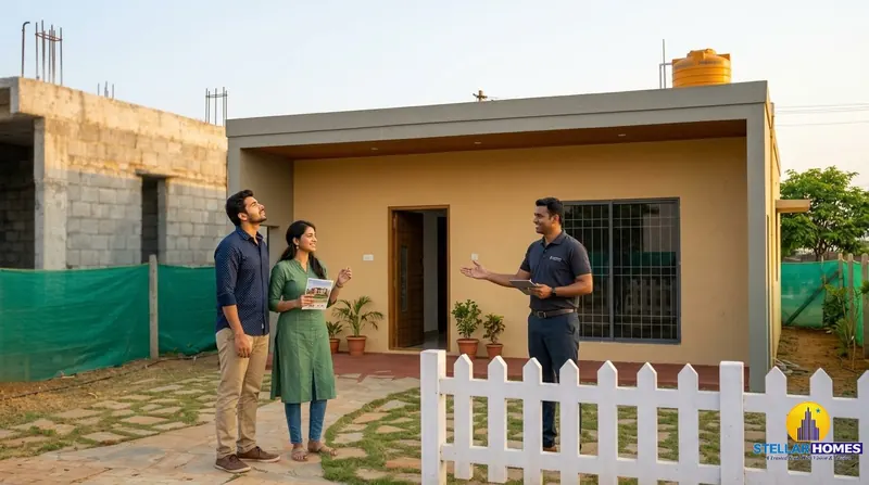 A Stellar Homes advisor showing a finished home to a prospective buyer couple beside a plot still under construction