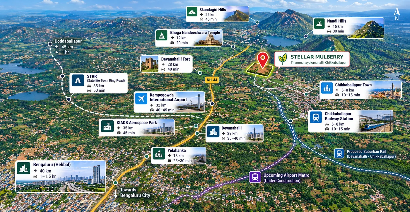 Aerial area map of Stellar Mulberry at Thammanayakanahalli, Chikkaballapur, showing the NH-44 corridor to Bengaluru with distances and drive times to Nandi Hills, Bhoga Nandeeshwara Temple, Chikkaballapur town and railway station, Devanahalli, Yelahanka, Kempegowda International Airport, Hebbal and the Satellite Town Ring Road, plus the proposed suburban rail and upcoming airport metro